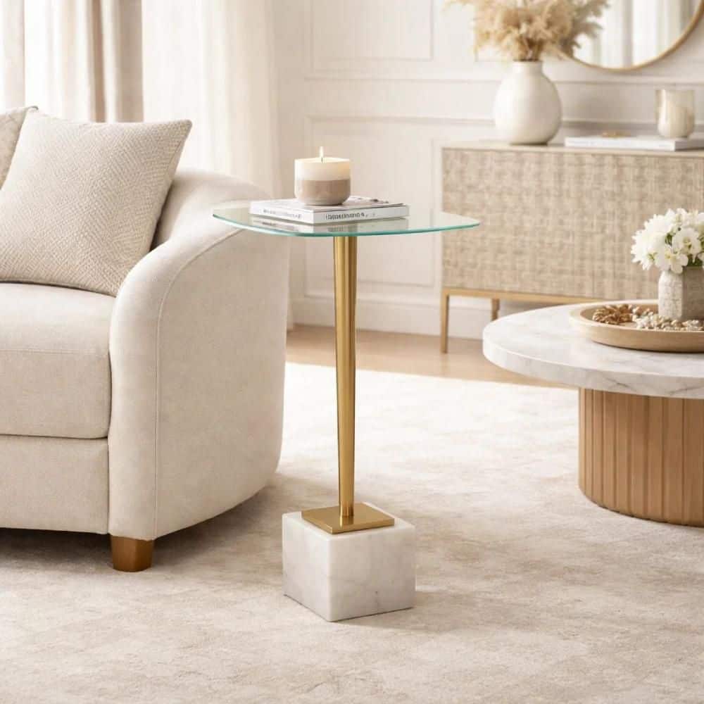 Lemy 11 In. Brass and White and Clear Square Glass End Table with Marble Base