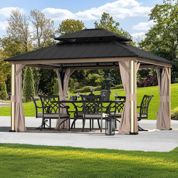 COVERED OUTDOOR OUTDOOR LIVING SPACES Four Seasons 12 ft. x 14 ft. Wood Looking Hard Top Gazebo with LED Lighting