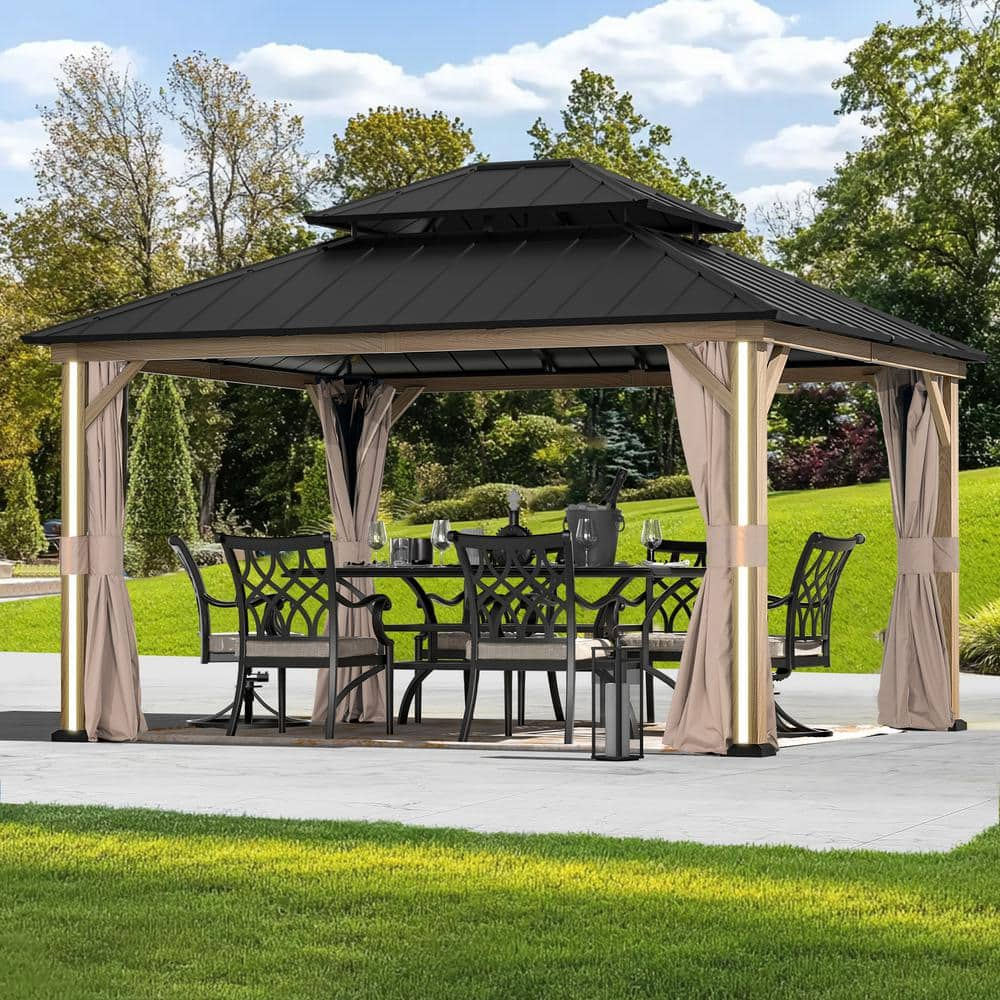 Lifesmart Four Seasons 12 ft. x 14 ft. Wood Looking Hard Top Gazebo with LED Lighting