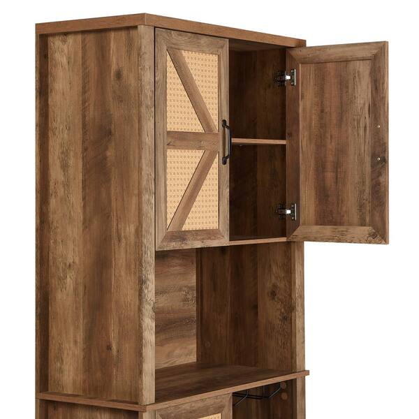 FUNKOL 31.5 in. x 15.7 in. x 76.4 in. Oak Color Wooden Wicker Wine Cabinet w/3 Valley Doors Microwav Shelf & Multiple Wine Rack