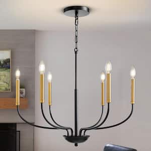Modern Farmhouse 6-Light Traditional Chandelier Black and Gold Candle Style Chandelier for Living Room, Kitchen Island