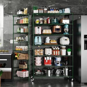 7-Layer Metal Green Storage Rack with Wheels, Adjustable Height, Suitable for Kitchen, Living room