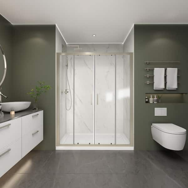 ES-DIY 56 in. 60 in. W x 70 in. H Sliding Framed Alcove Shower Door Bath Panel in Nickel Finish with Clear Glass