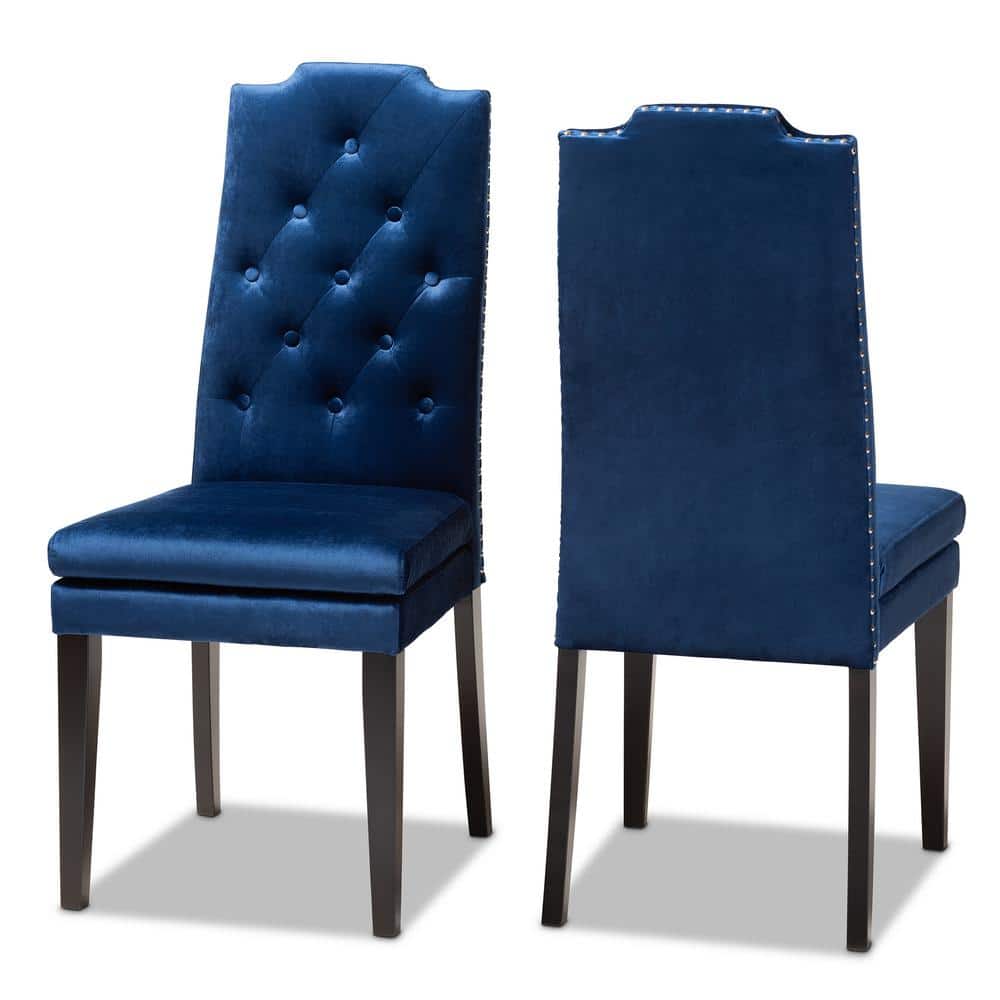 High-Back Navy Blue Velvet Upholstered Wood Side Chair