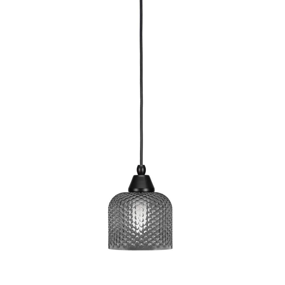 Bryson 6 in. 1-Light Matte Black Cord Pendant Light with 6 in. Smoke Textur