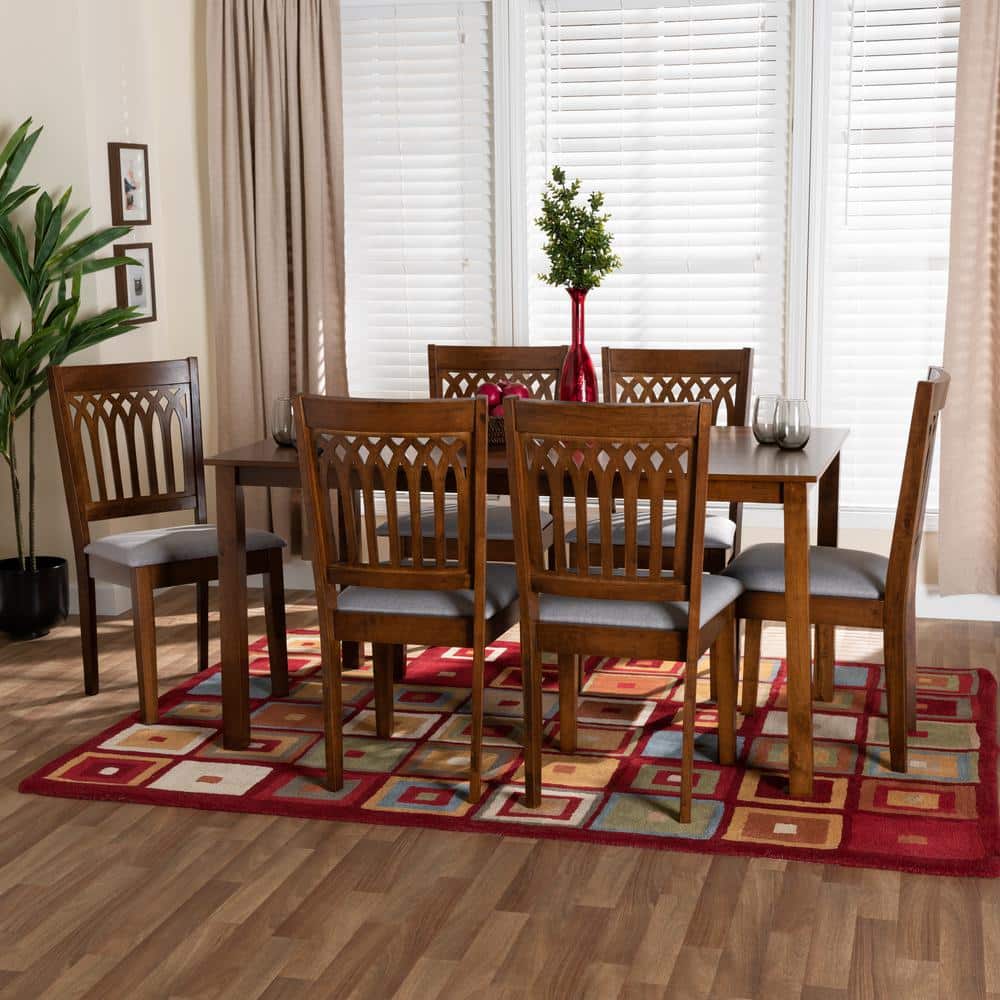 Genesis Walnut Brown Wood Dining Set with Gray Cushions