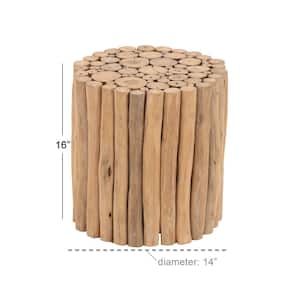 14 in. Brown Handmade Medium Cylinder Wood End Accent Table with Stick Cluster Design