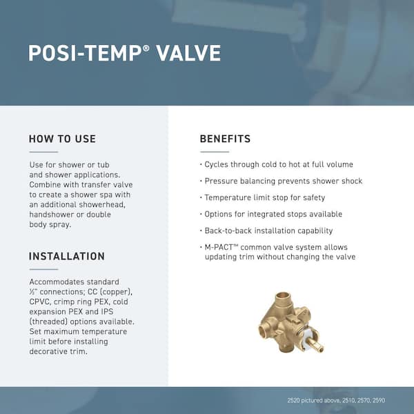 Moen 2580 Posi-Temp Brass Pressure Balancing Shower Valve 1/2-Inch Crimp Ring PEX Connection 