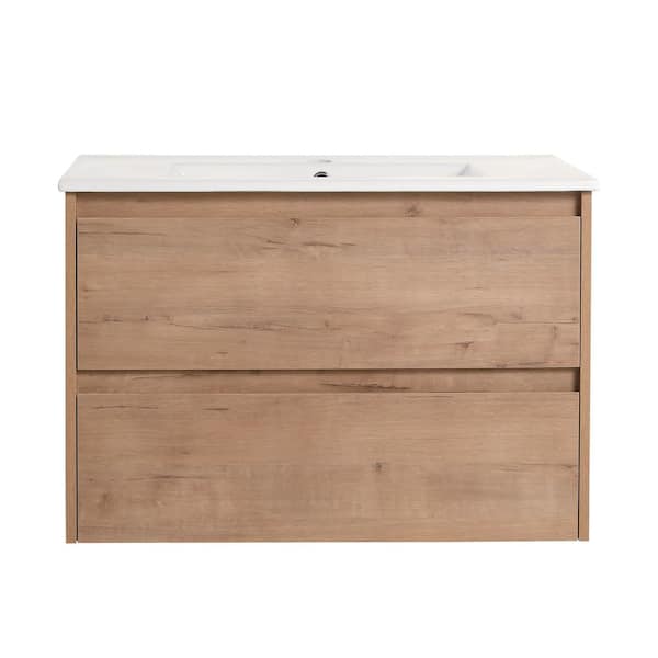 24 in. Wall-Mounted Single Oak Bath Vanity with White Ceramic Vanity Top Unassembled