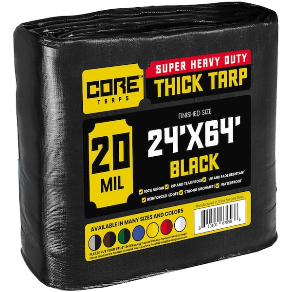 CORE TARPS 24 ft. x 64 ft. Black 20 Mil Heavy Duty Polyethylene Tarp, Waterproof, UV Resistant, Rip and Tear Proof