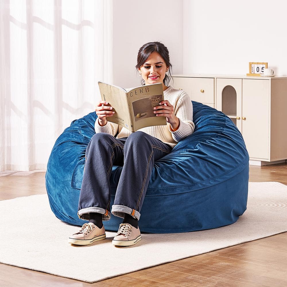 Blue Velvet Foam-Filled Armless Bean Bag Chair with Removable Cover