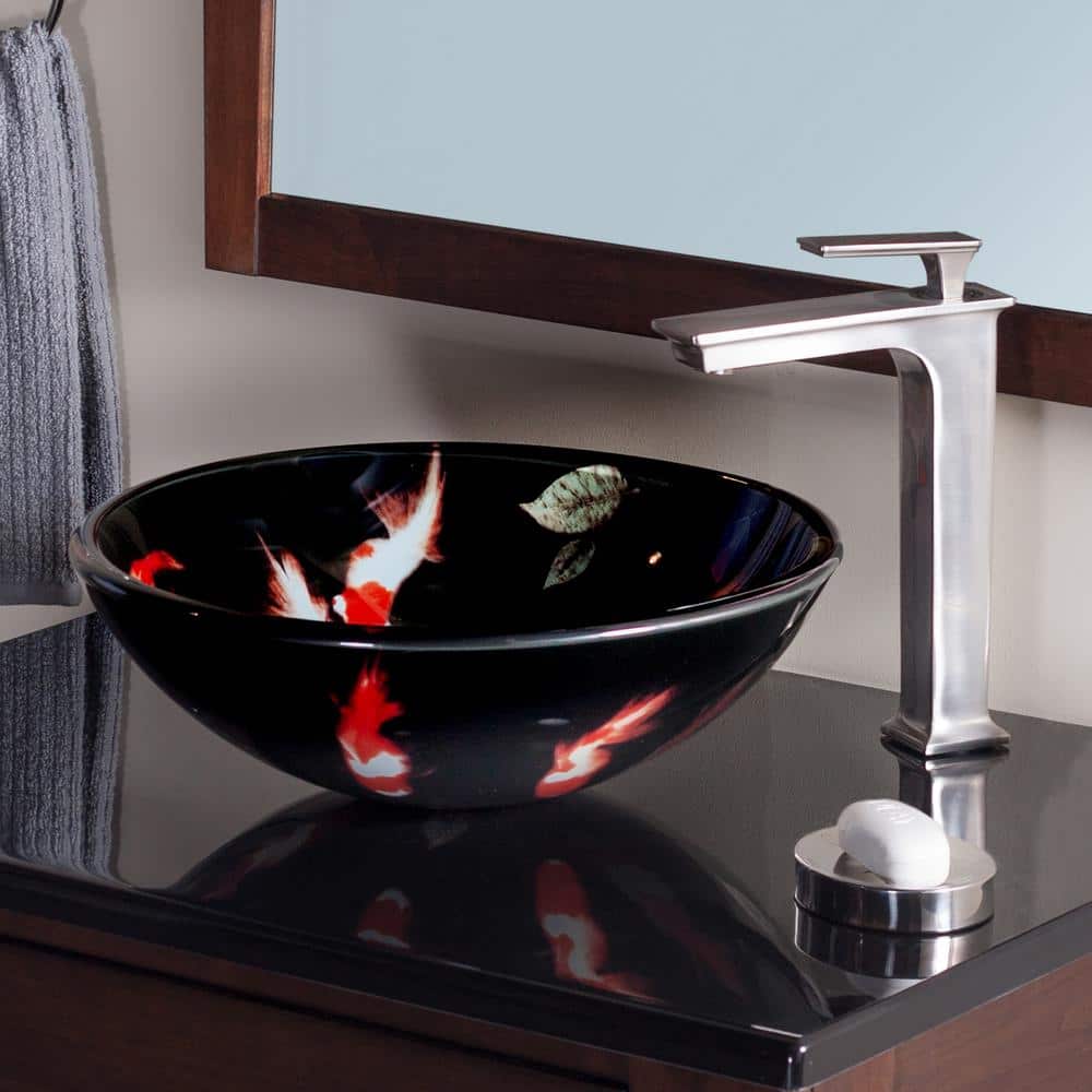 19'' Black and Orange Glass Vessel Sink with Koi Design