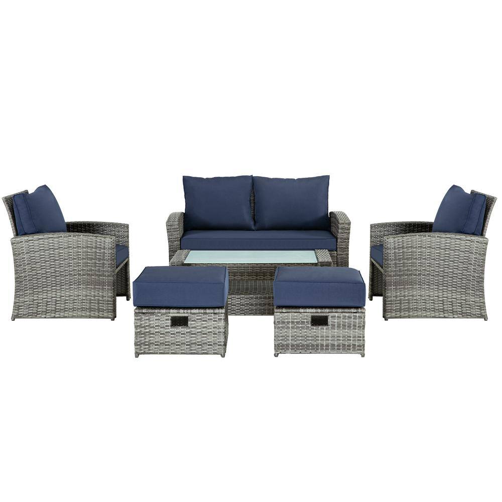 Gray 6-Piece Wicker Outdoor Sectional Set with Coffee Table, Blue Cushions 