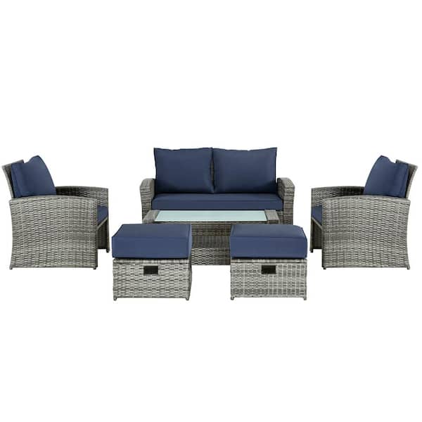 Unbranded Gray 6-Piece Wicker Outdoor Sectional Set with Coffee Table, Blue Cushions and 2 Ottoman for Backyard Garden Poolside