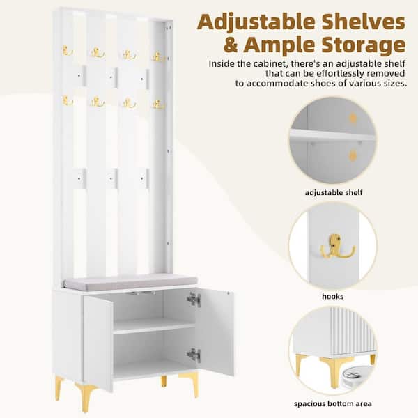 White Hall Tree with Cushion and Fluted Doors with Gold Hooks and Adjustable Shelves