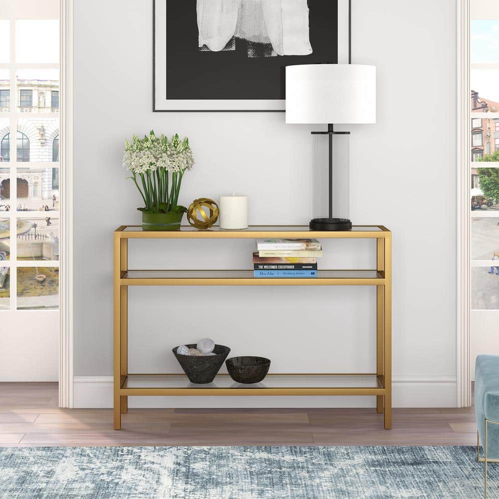 Brass Finish Metal and Glass Console Table with Storage