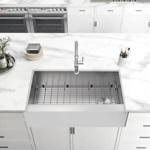 All-in-One Zero Radius Farmhouse/Apron-Front 16G Stainless Steel 36 in. Single Bowl Kitchen Sink with Spring Neck Faucet