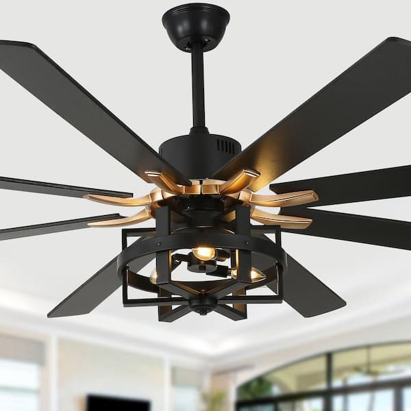 Bella Depot Vintlume 65 in. Indoor Matte Black Metal Caged Ceiling Fan with Light, 6-Speed Reversible Ceiling Fan with Remote