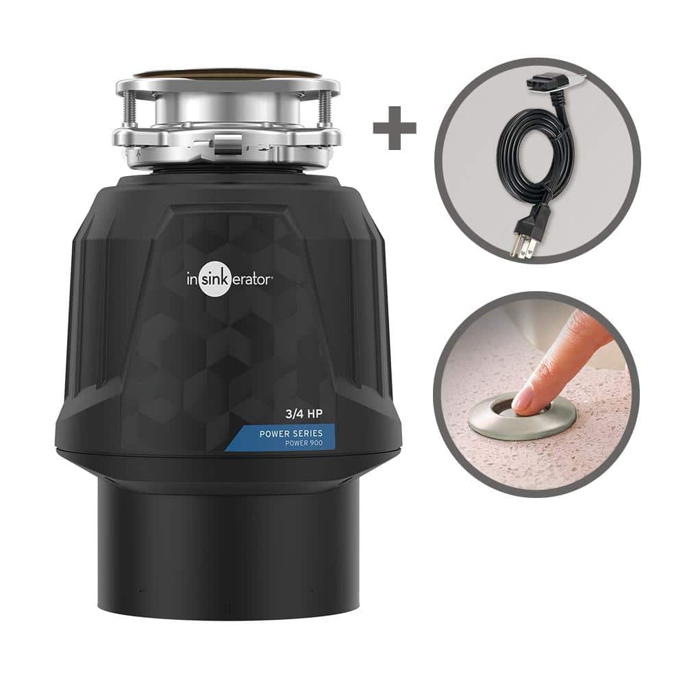 Power 900, 3/4 HP, Continuous Feed Garbage Disposal with EZ Connect Power Cord and Dual Outlet Switch in Satin Nickel