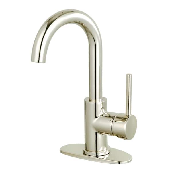 Kingston Brass Concord Single-Handle High Arc Single Hole Bathroom Faucet with Push Pop-Up and Deck Plate in Polished Nickel