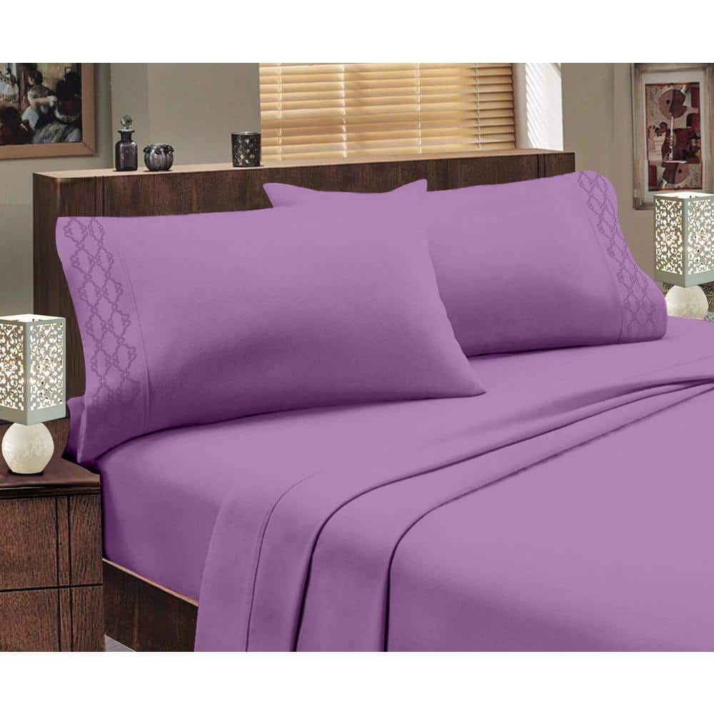King Purple Microfiber Embroidered Deep Pocket Sheet Set