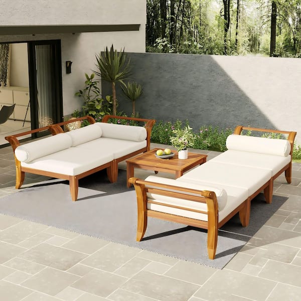 6-Piece Wood Outdoor Sectional Set with Convertible Daybed with Tea Table, Ottoman, Cushions and Pillows