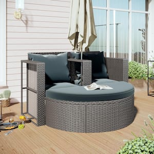 2-Piece All-Weather PE Wicker Rattan Sofa Set, Outdoor Half-Moon Patio Conversation Set with Side Table, Gray Cushions