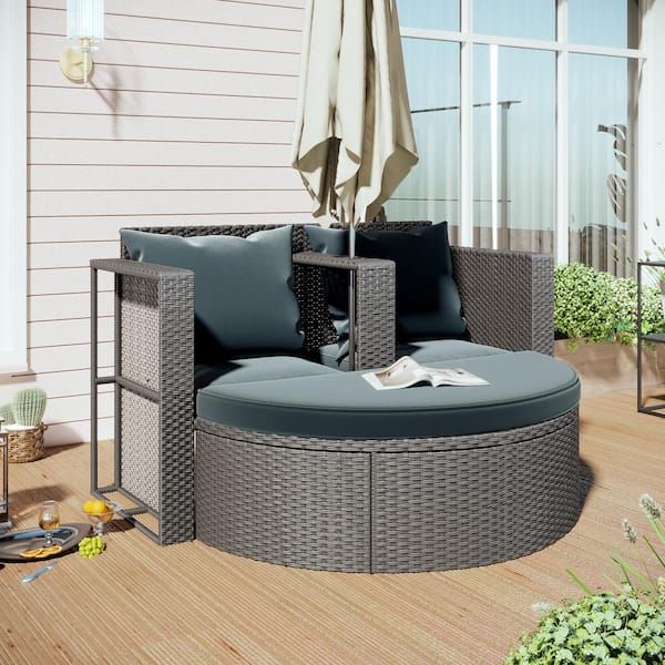 Afoxsos 2-Piece All-Weather PE Wicker Rattan Sofa Set, Outdoor Half-Moon Patio Conversation Set with Side Table, Gray Cushions