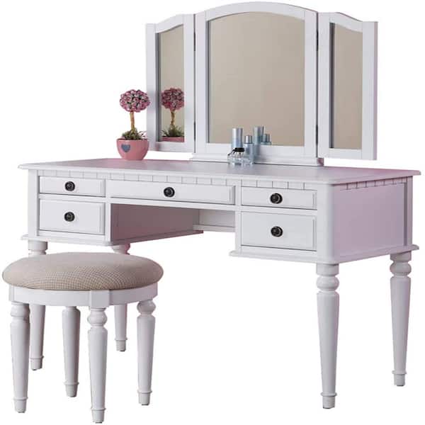 Unbranded Modern White Vanity Set Foldable Mirror Stool Drawers 54 in. H x 19 in. D x 43 in. W