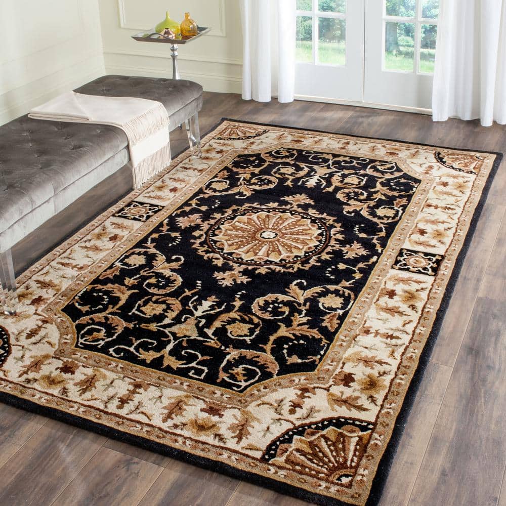 Handmade Tufted Wool Rectangular Black/Ivory Floral Area Rug