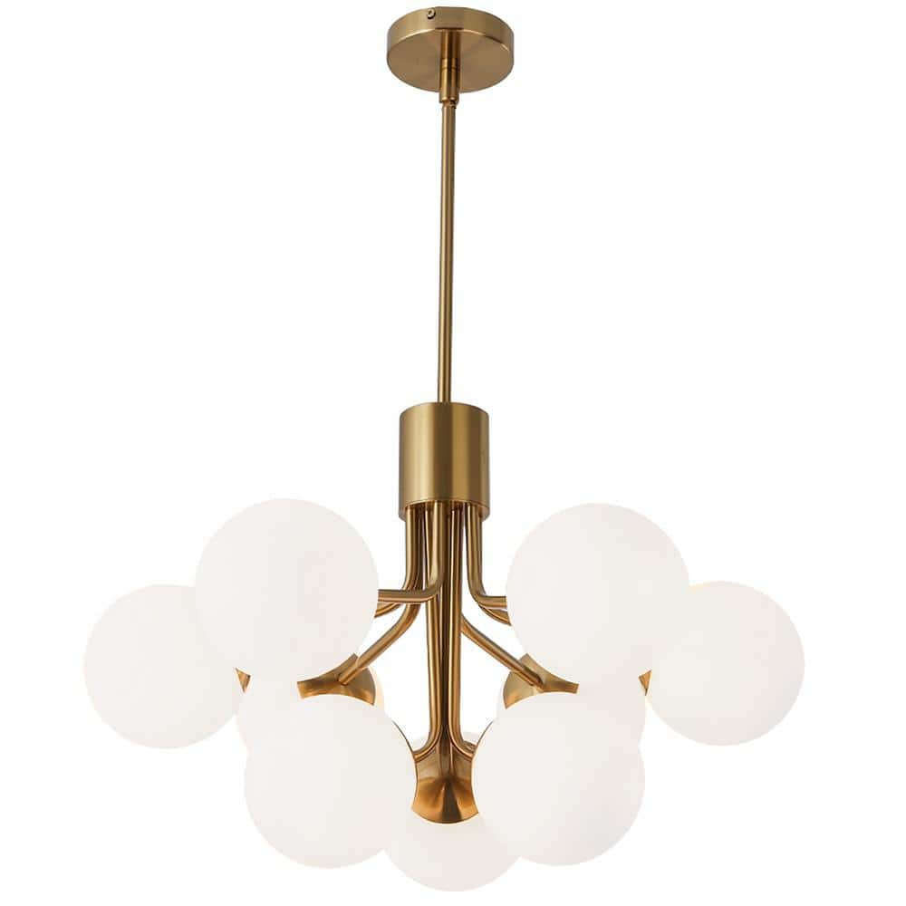 Amanda 9 -Light Aged Brass Chandelier with White Glass Shade