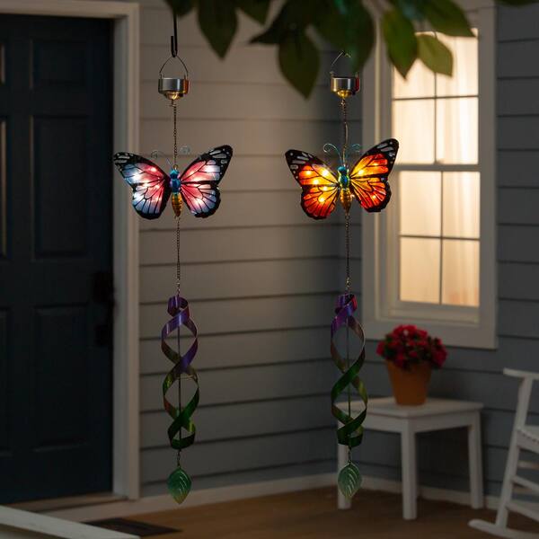 Evergreen Enterprises 23 in. Glass Butterfly Spinning Solar Hanging Decor, Set of 2