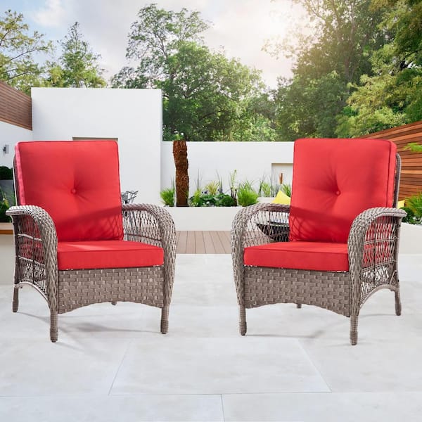 Brown Frame Rattan Wicker Outdoor Dining Chair with Red Cushion Patio Armchair for Garden Porch and Deck Set of 2 LH 53 The Home Depot