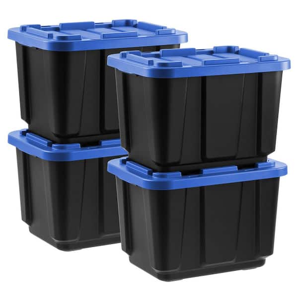 11.5 Gal. Stackable Storage Totes with Lids, Black-Blue, 4Pk