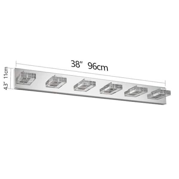 38 in. Chrome 6-Light LED Vanity Light - Square Acrylic Wall Fixture with Dimmable Function for Bathroom Mirror