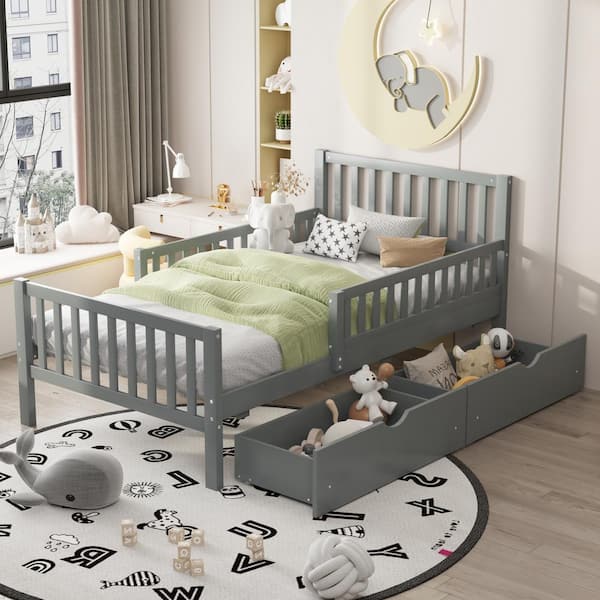 Gray Wood Frame Twin Size Kids Platform Bed with Guardrails on Both Sides and 2 Storage Drawers