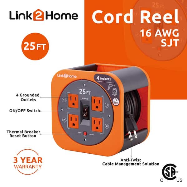 Link2Home Cord Reel 25 ft. Extension Cord 4 Power Outlets - 16 AWG SJT Cable.
