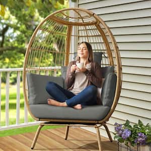 Patio Wicker Indoor/Outdoor Lounge Egg Chair with Gray Cushions