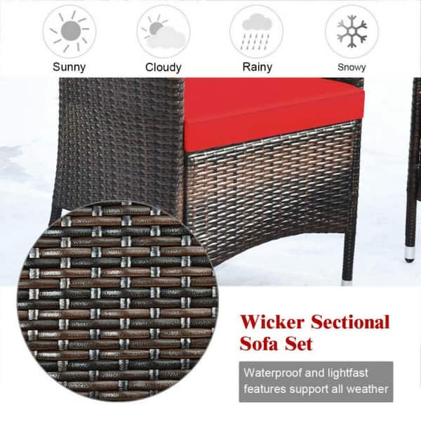 4 Pieces Wicker Outdoor Patio Conversation Set Rattan Sofa Set with CushionGuard Red Cushions and Glass Table