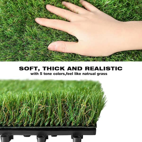 Angel Sar 1 ft. x 1 ft. Composite Green Artificial Grass Turf Interlocking Deck Tiles, Fake Grass Self-draining Mat (18-Piece)