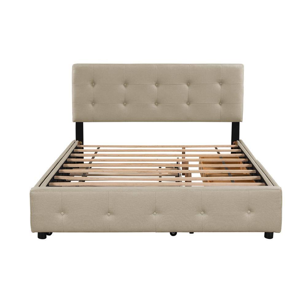 85 in. W Dark Beige Linen Fabric Upholstered Queen Platform Bed with ...