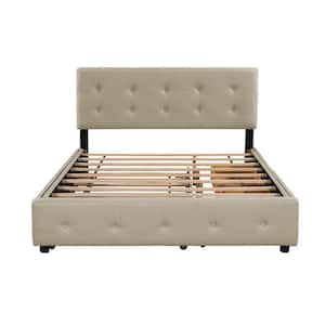 85 in. W Dark Beige Linen Fabric Upholstered Queen Platform Bed with Drawers and Trundle
