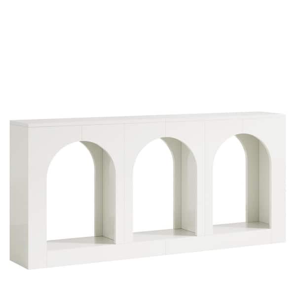 BYBLIGHT Turrella 70.9 in. White Rectangle MDF Console Table with 3 Arched Shelves for Entryway