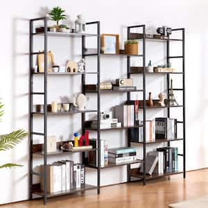 Triple Metal Bookshelf, 14-Tier Industrial Bookshelf, Large Rustic Vintage Storage Bookcase, Shelves, Freestanding Brown