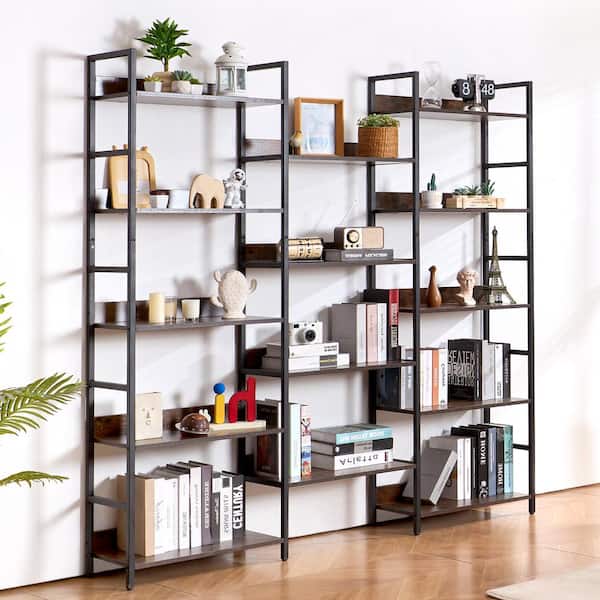 VEVOR Triple Metal Bookshelf, 14-Tier Industrial Bookshelf, Large Rustic Vintage Storage Bookcase, Shelves, Freestanding Brown