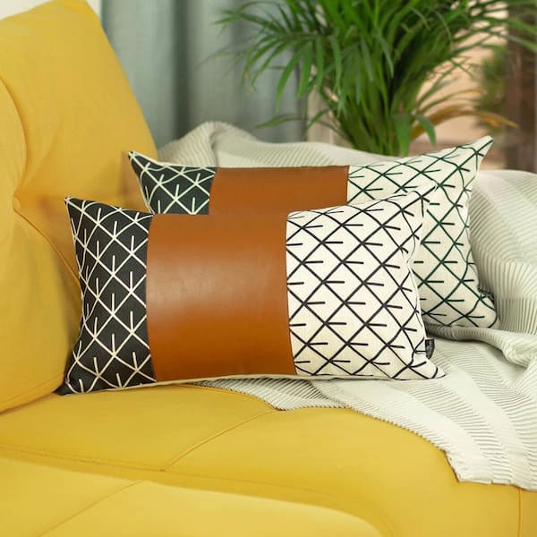 MIKE & Co. NEW YORK Bohemian Handmade Vegan Faux Leather Brown Geometric 12 in. x 20 in. Lumbar Abstract Throw Pillow (Set of 2)