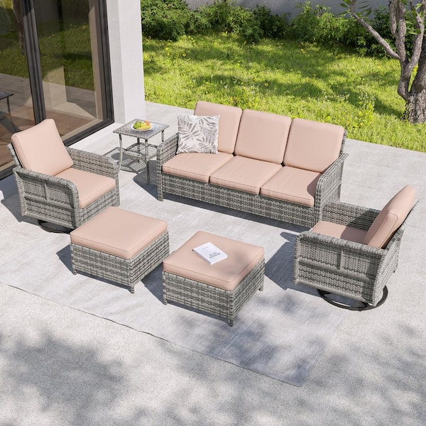 6-Piecess Patio Conversation Set Swivel Rocking Chairs with Side Table Set Gray Wicker with Sand Cushion