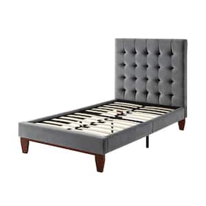Telford Grey Twin Size Platform Bed Upholstered Tufted Velvet