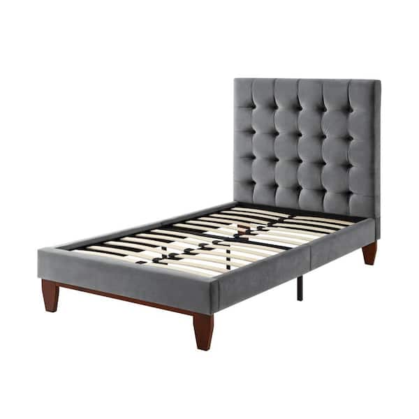 Inspired Home Telford Grey Twin Size Platform Bed Upholstered Tufted Velvet