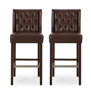 Bayliss 44.25 in. Dark Brown High Back Wood Bar Height Foot Rest Bar Stool with Faux Leather Seat (Set of 2)